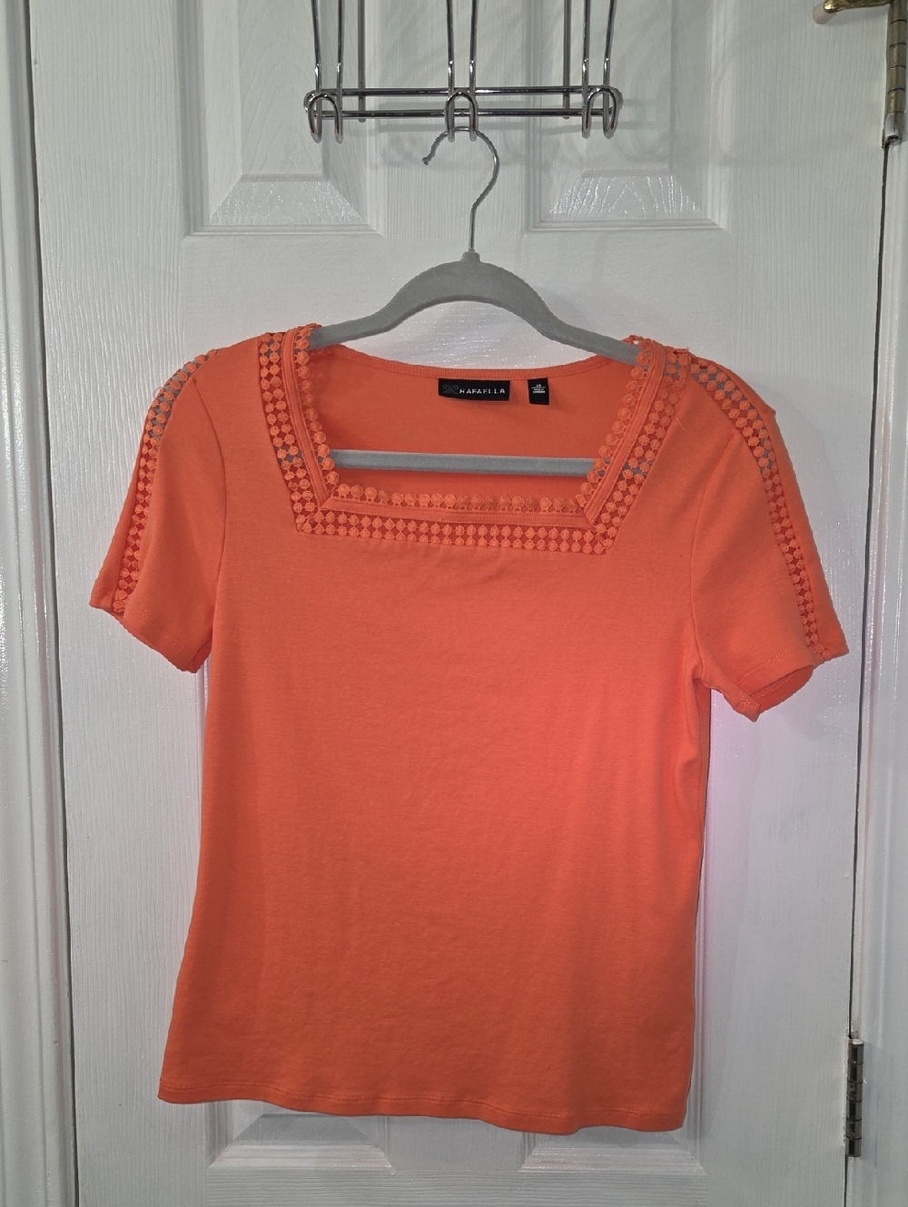 Rafaella Coral Square-Neck Short Sleeve Tee with Crochet Trim